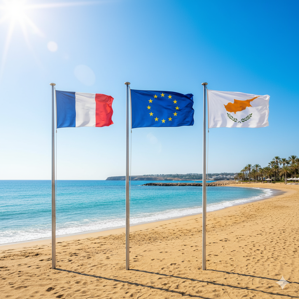 Trois drapeaux flottant au vent sur une plage ensoleillée : le drapeau de la France, le drapeau de l'Union européenne et un drapeau avec une carte de Chypre et une branche d'olivier.
