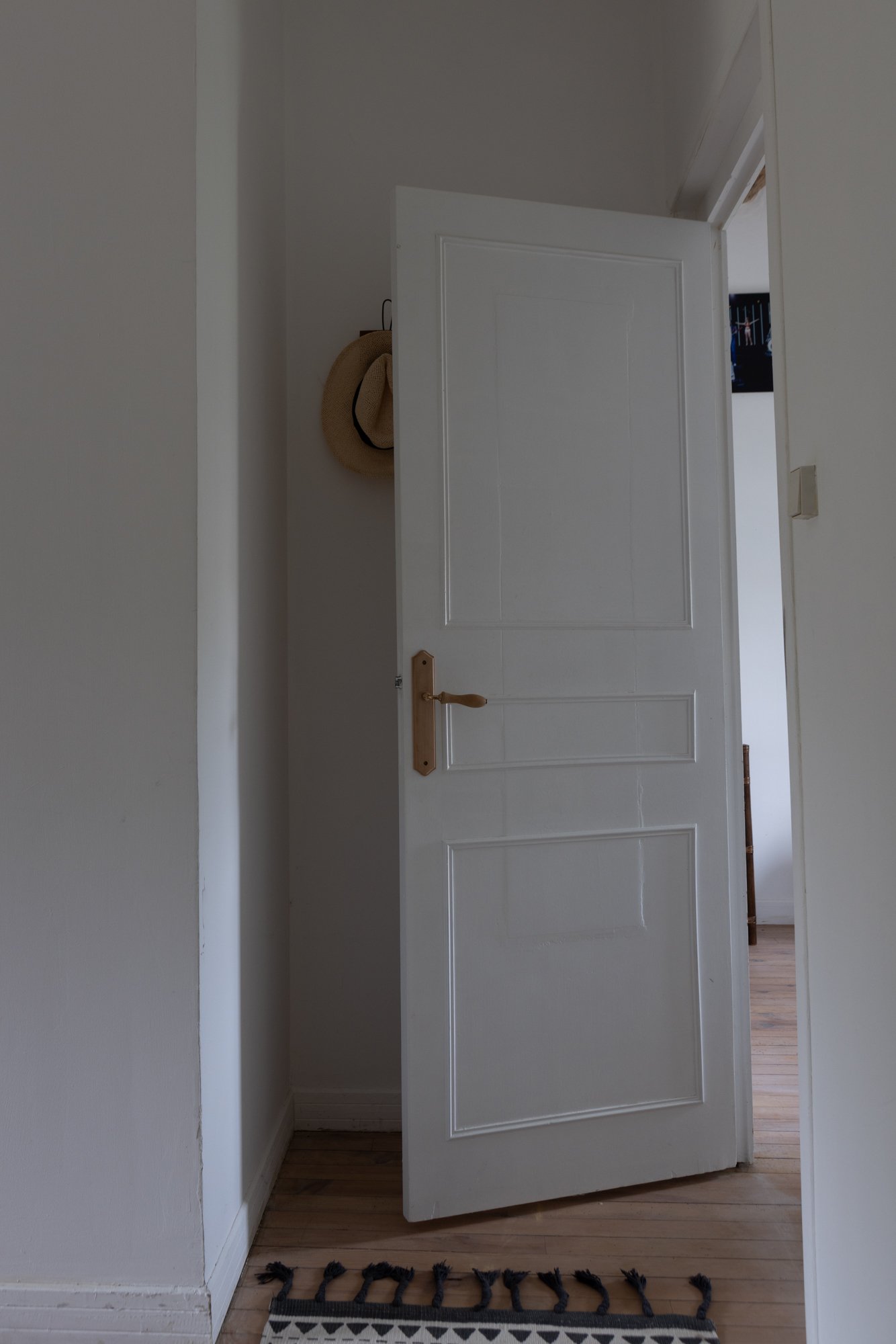 Partially open white wooden door with a beige handle, a straw hat hanging on the wall, and a small black and white rug on a wooden floor.