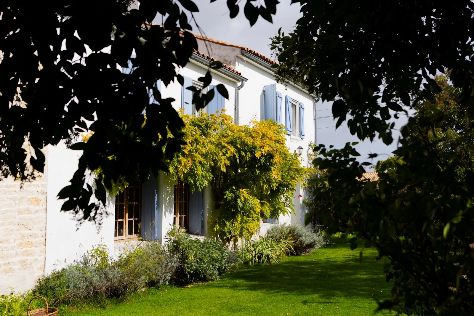 A white house with blue window shutters, surrounded by green trees and a well-maintained lawn.