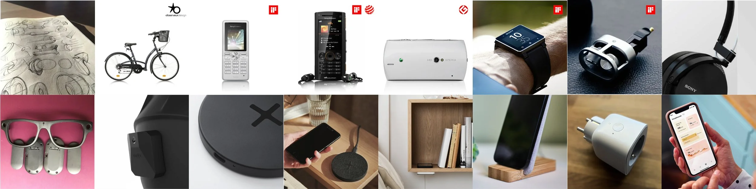 Collage of various electronic devices and accessories including a sketch of headphones, a bicycle, a cordless phone, a Sony Xperia radio, a smartwatch, headphones, a Sony speaker, eyeglasses with attached digital hearing aids, a portable speaker, a wireless charging pad, a glass of water with a tablet, a bookshelf with books, a smartphone on a stand, a smart speaker, a smart plug, and a smartphone app screen.