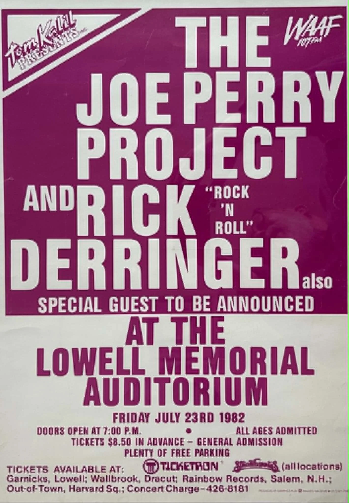 A vintage concert poster for The Joe Perry Project and Rick Derringer at the Lowell Memorial Auditorium on July 23, 1981. The poster is pink and white, announcing special guest and ticket details.