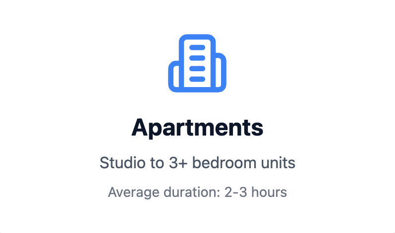Icon of a building above the word 'Apartments'. Text indicates studio to 3+ bedroom units with an average duration of 2-3 hours.
