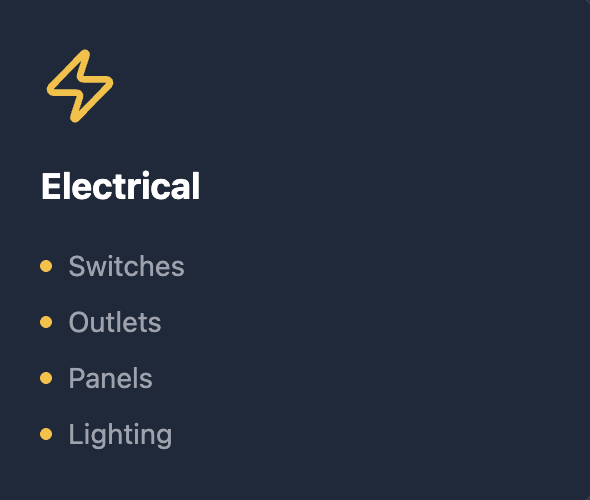 Electrical category list with icons: Switches, Outlets, Panels, Lighting.