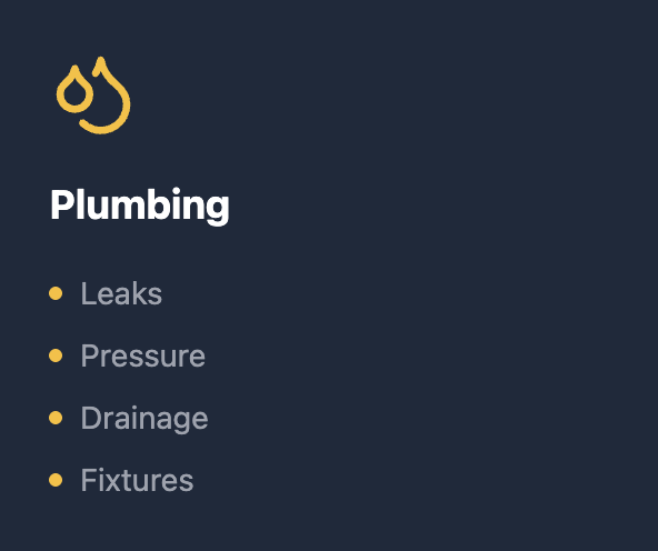 A graphic with a yellow drop icon and the title 'Plumbing', listing points: Leaks, Pressure, Drainage, Fixtures.