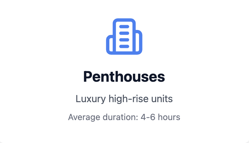 Information about penthouses, describing them as luxury high-rise units with an average stay of 4-6 hours.