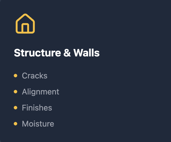 Diagram of construction topics: Cracks, Alignment, Finishes, Moisture.
