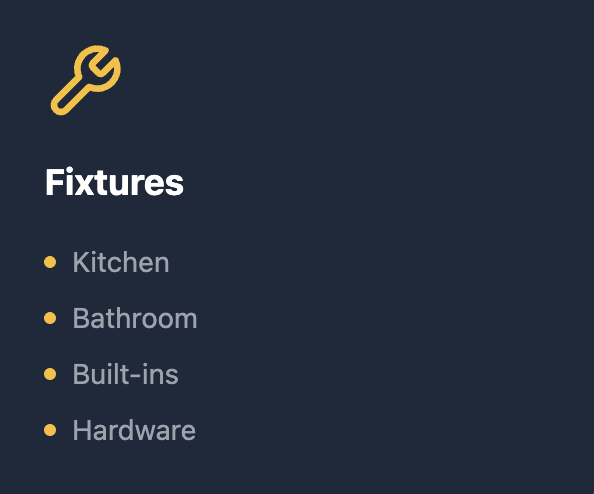 List of fixtures including Kitchen, Bathroom, Built-ins, and Hardware on a dark blue background.