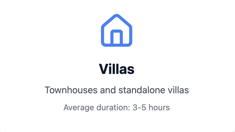 Icon of a house above the word 'Villas'. Text below says 'Townhouses and standalone villas' and 'Average duration: 3-5 hours'.