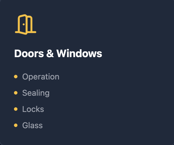A menu titled 'Doors & Windows' with a yellow door and window icon at the top. List includes 'Operation,' 'Sealing,' 'Locks,' and 'Glass.'