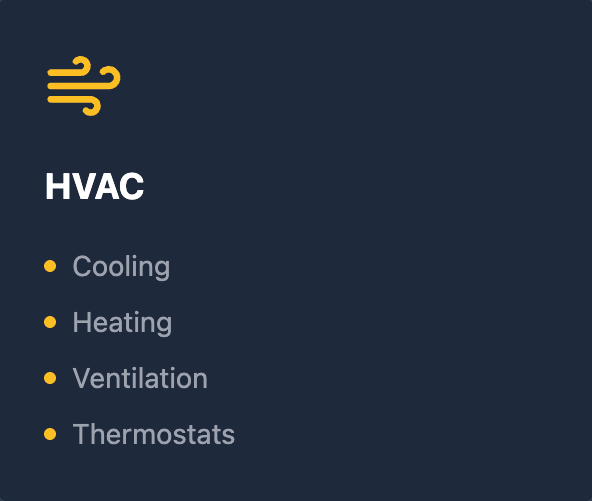 HVAC services list including cooling, heating, ventilation, and thermostats on a dark background with a yellow graphic in the top left corner.