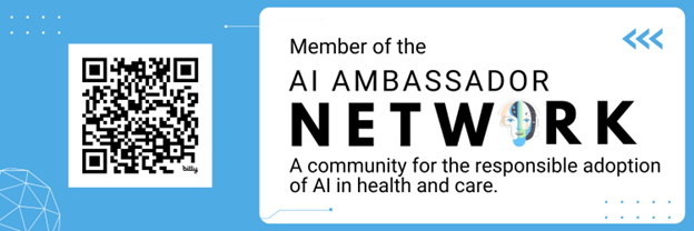 A blue badge with a QR code and text indicating membership in the AI Ambassador Network, a community focused on responsible AI adoption in health and care.