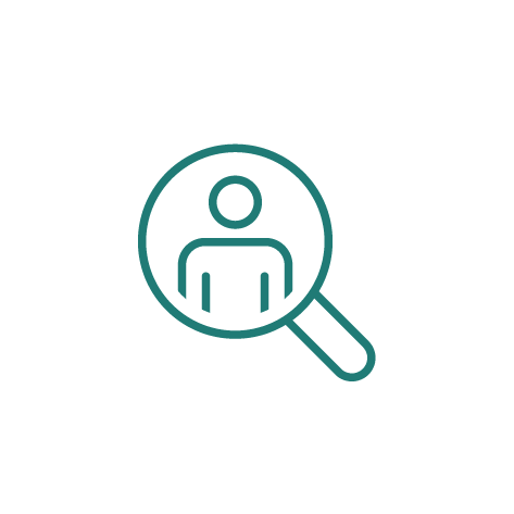Outline icon of a person inside a magnifying glass.