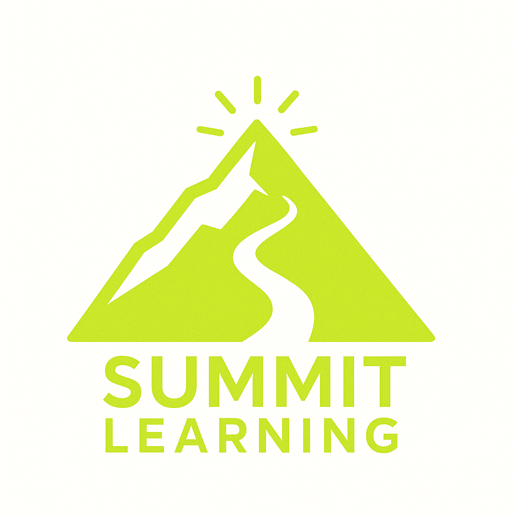 Green logo of a mountain with a winding path and the sun shining at the top, accompanied by the text 'SUMMIT LEARNING'. School aged kids, homeschool co op and physical activity