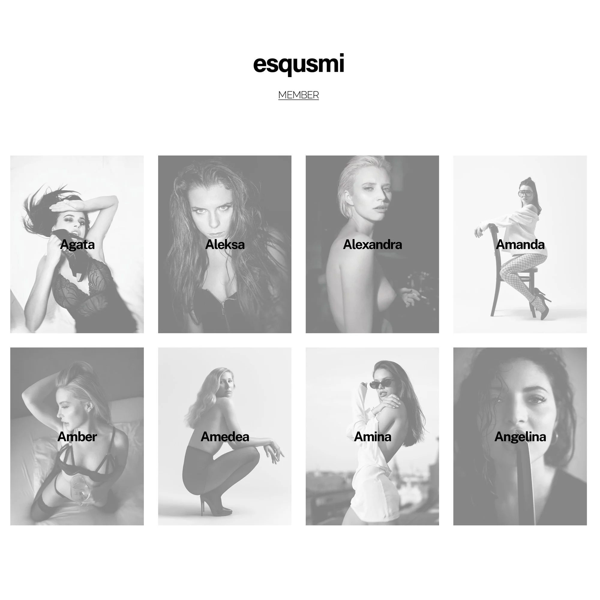 Grid of black-and-white portrait photographs of eight women, each labeled with their name: Agata, Aleksa, Alexandra, Amanda, Amber, Amedea, Amina, and Angelina in a fashion photography style.