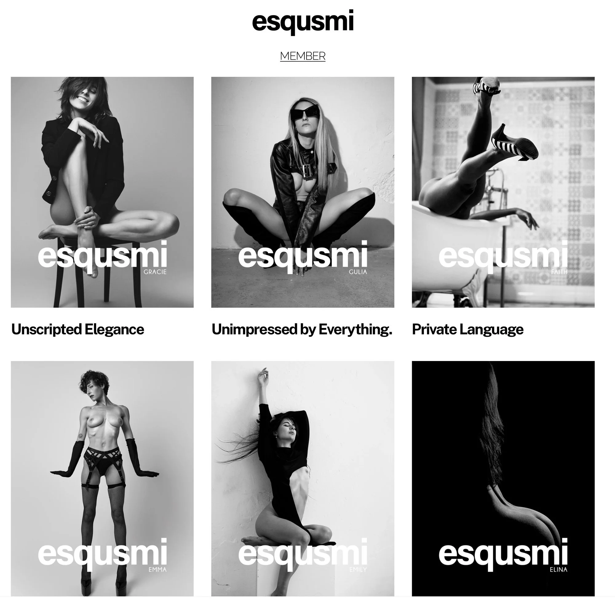 Collection of six black and white fashion photos of women with the brand name 'esqusmi' displayed at the top and their names at the bottom of each photo. The images are titled: 'Unscripted Elegance,' 'Unimpressed by Everything,' 'Private Language,' 'Emma,' 'Emily,' and 'Elina'.