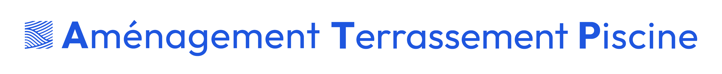 Logo avec texte 'Aménagement Terrassement Piscine' en bleu, avec un symbole graphique représentant une vague.