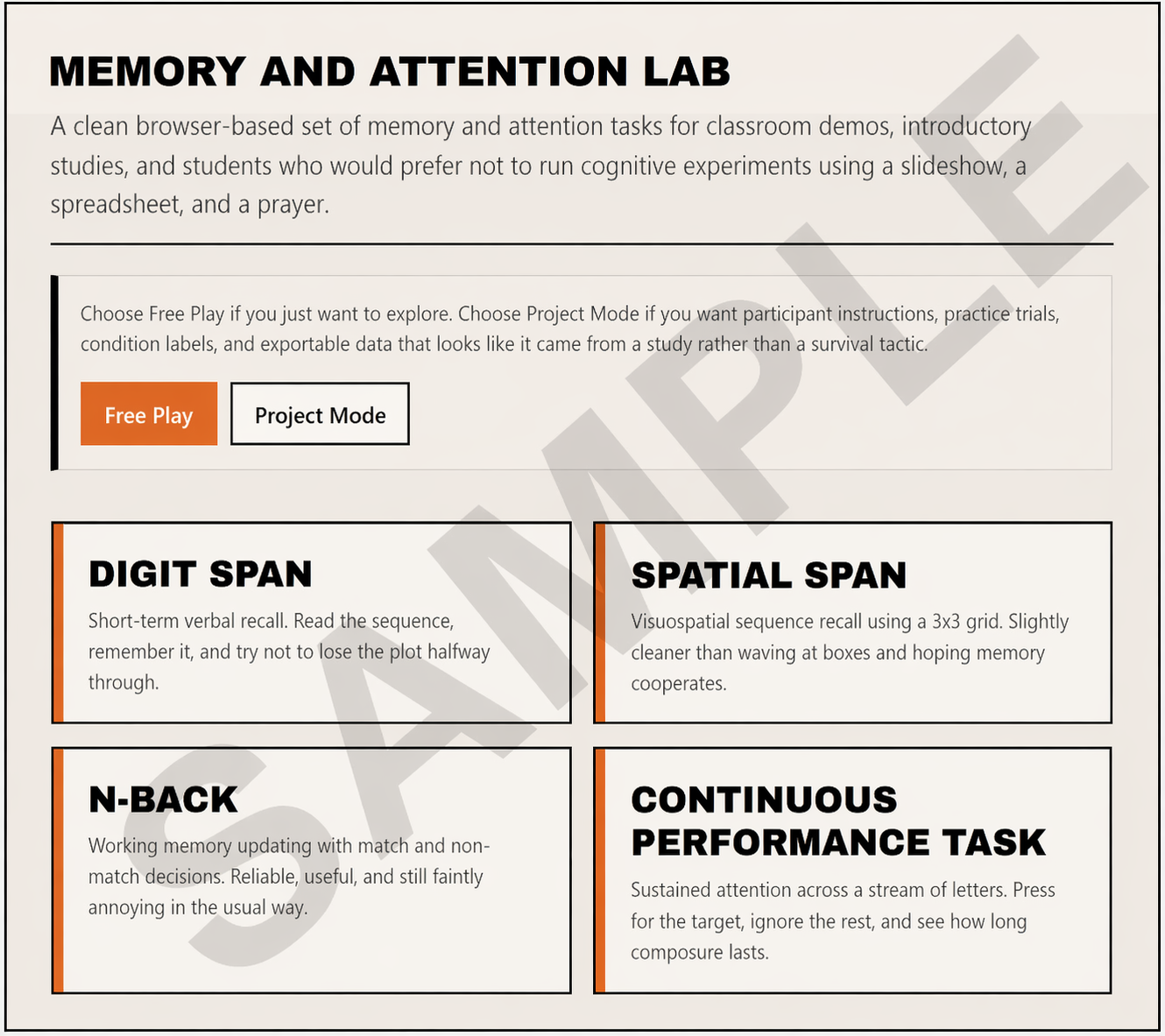 Information poster for a Memory and Attention Lab, detailing different cognitive tasks including Digit Span, Spatial Span, N-Back, and Continuous Performance Task, with options for 'Free Play' and 'Project Mode'.
