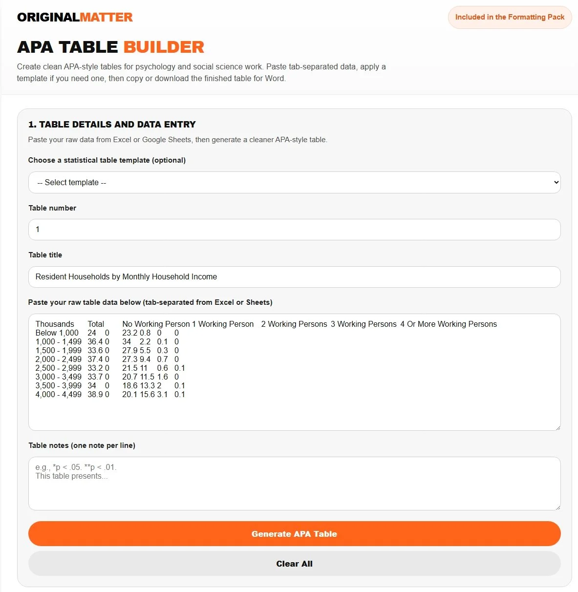 Screenshot of an online APA table generator webpage, displaying options to input data for creating a table about resident households by monthly household income, including raw data, table title, and notes, with buttons to generate or clear the table.