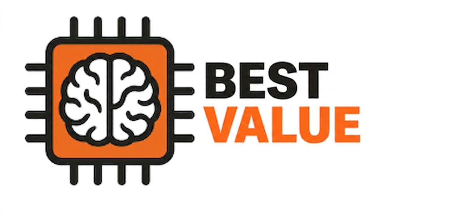 Logo with a brain inside a microchip and the words 'Best Value' with 'Best' in black and 'Value' in orange.