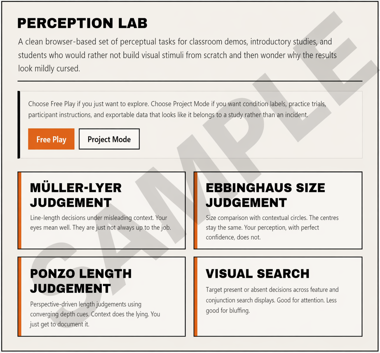 A webpage titled 'Perception Lab' offering perceptual tasks with options for Free Play or Project Mode. It describes four judgment tests: Müller-Lyer Judgment, Ebbinghaus Size Judgment, Ponzo Length Judgment, and Visual Search, each with brief explanations.