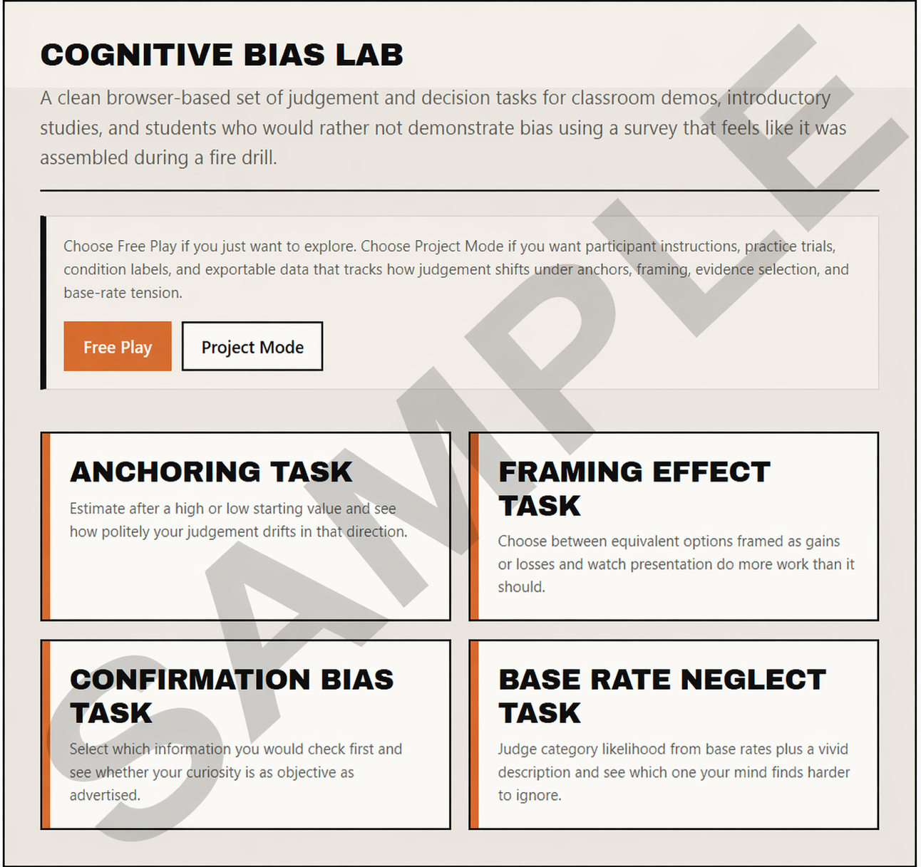 A webpage titled 'Cognitive Bias Lab' with instructions for classroom judgment and decision tasks, including options for 'Free Play' and 'Project Mode.' The page features four sections detailing different bias tasks: Anchoring Task, Framing Effect Task, Confirmation Bias Task, and Base Rate Neglect Task, each with brief descriptions.
