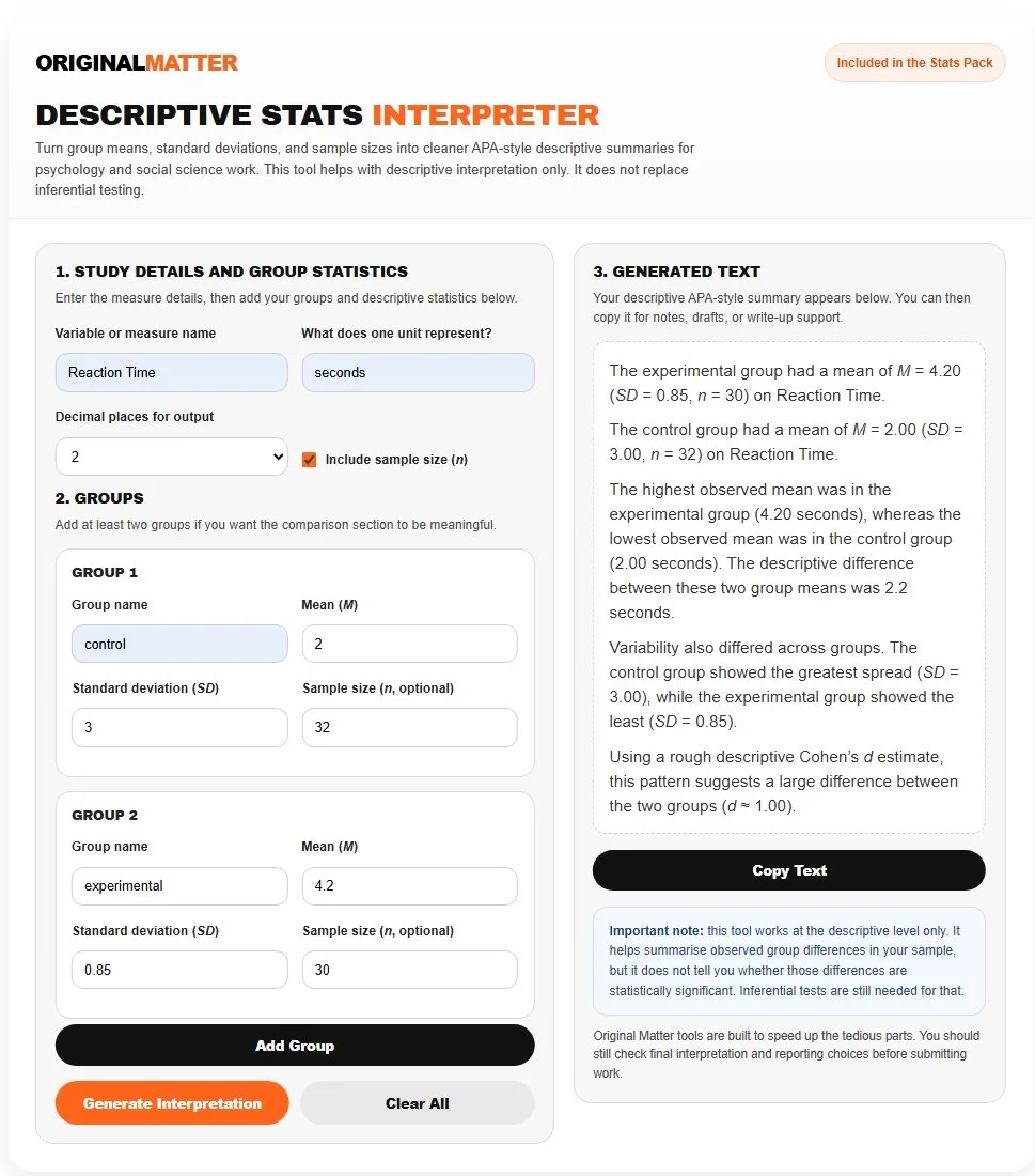 Screenshot of the Original Matter Descriptive Stats Interpreter tool, showing sections for study details and group statistics, with input fields for reaction time, group names, means, standard deviations, and sample sizes, and a section with generated descriptive text about reaction times in control and experimental groups.