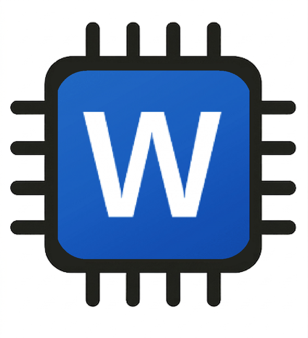 Icon of a microchip with the letter 'W' on a blue background in the center.