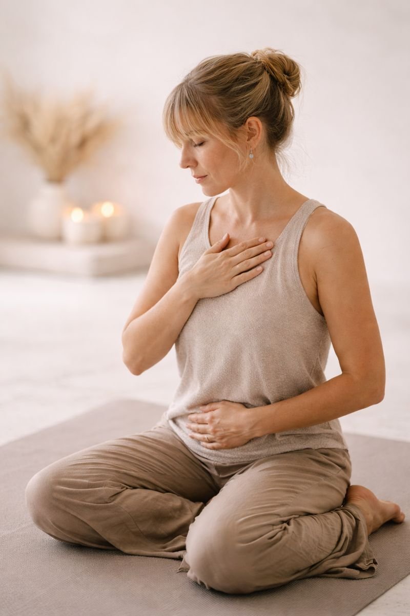 Woman practicing gentle, body-based movement with eyes closed in a calm studio, illustrating Dance Movement Therapy and somatic, body-based therapeutic support for emotional regulation and stress relief.