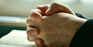 Hands clasped together in prayer or contemplation