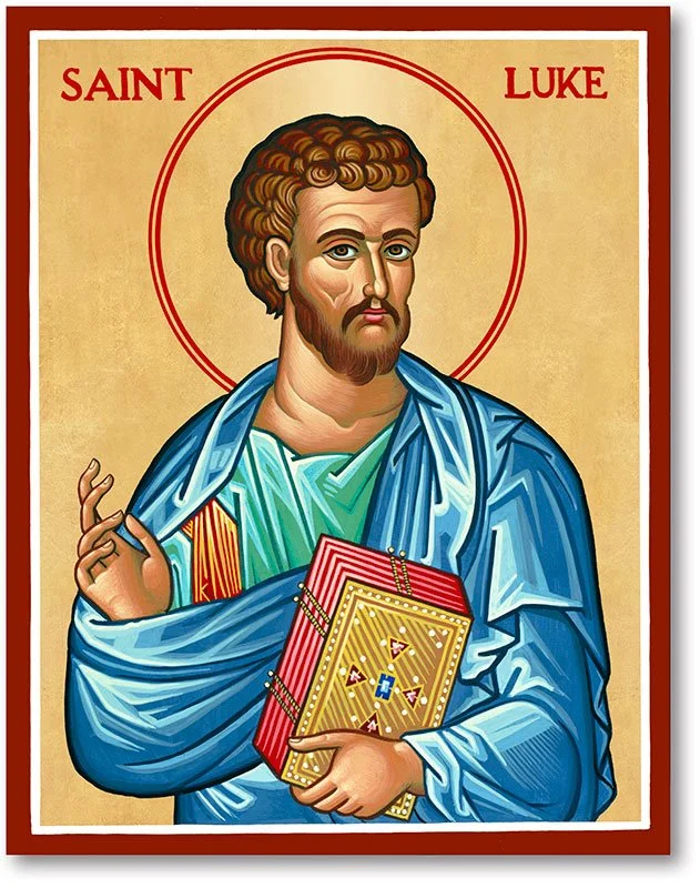 An icon-style religious painting of Saint Luke with curly hair and a beard, holding a decorated book, with a halo and the name 'Saint Luke' written at the top.
