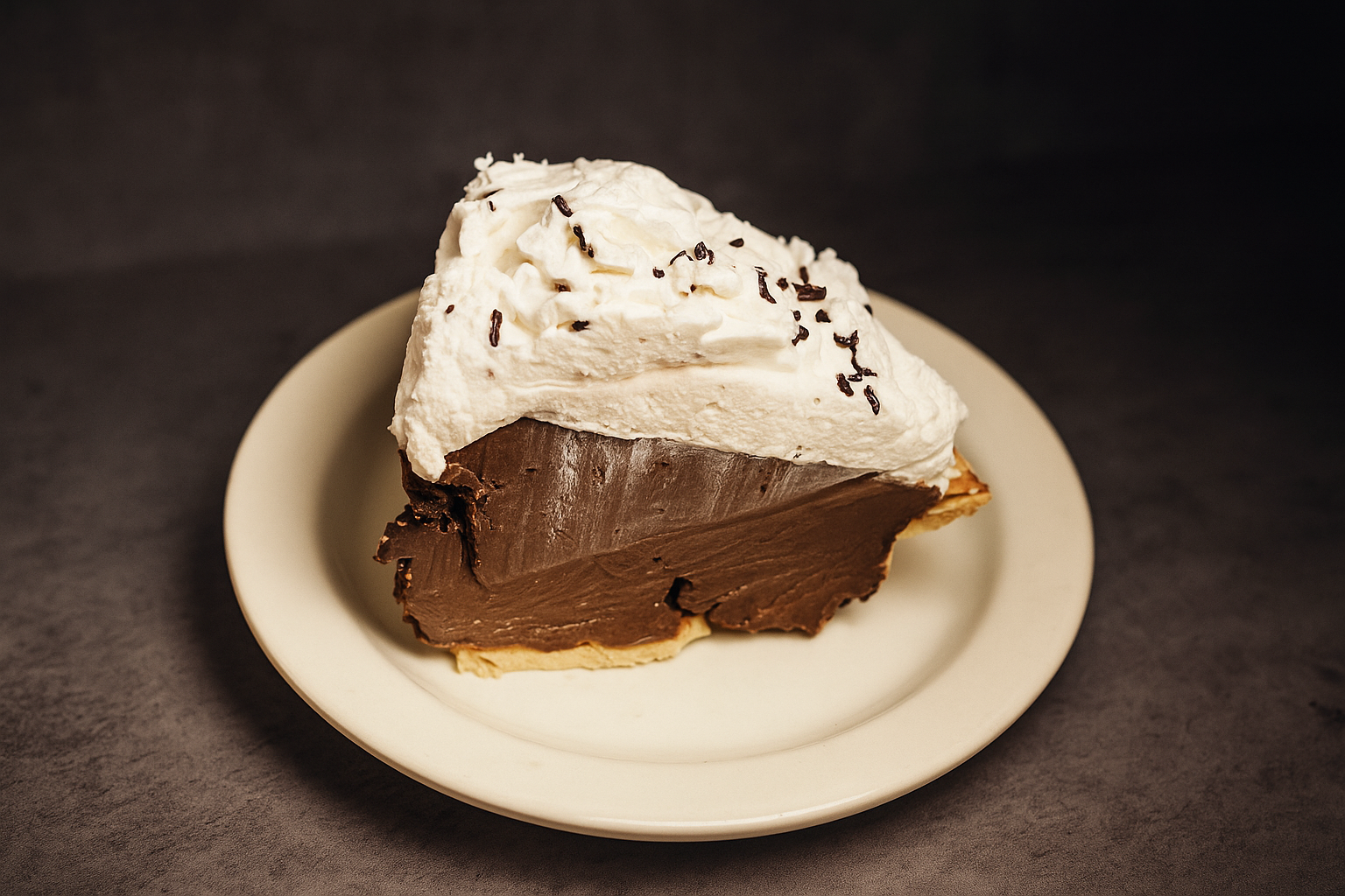 A slice of chocolate cream pie with whipped cream and chocolate sprinkles on top, served on a white plate.