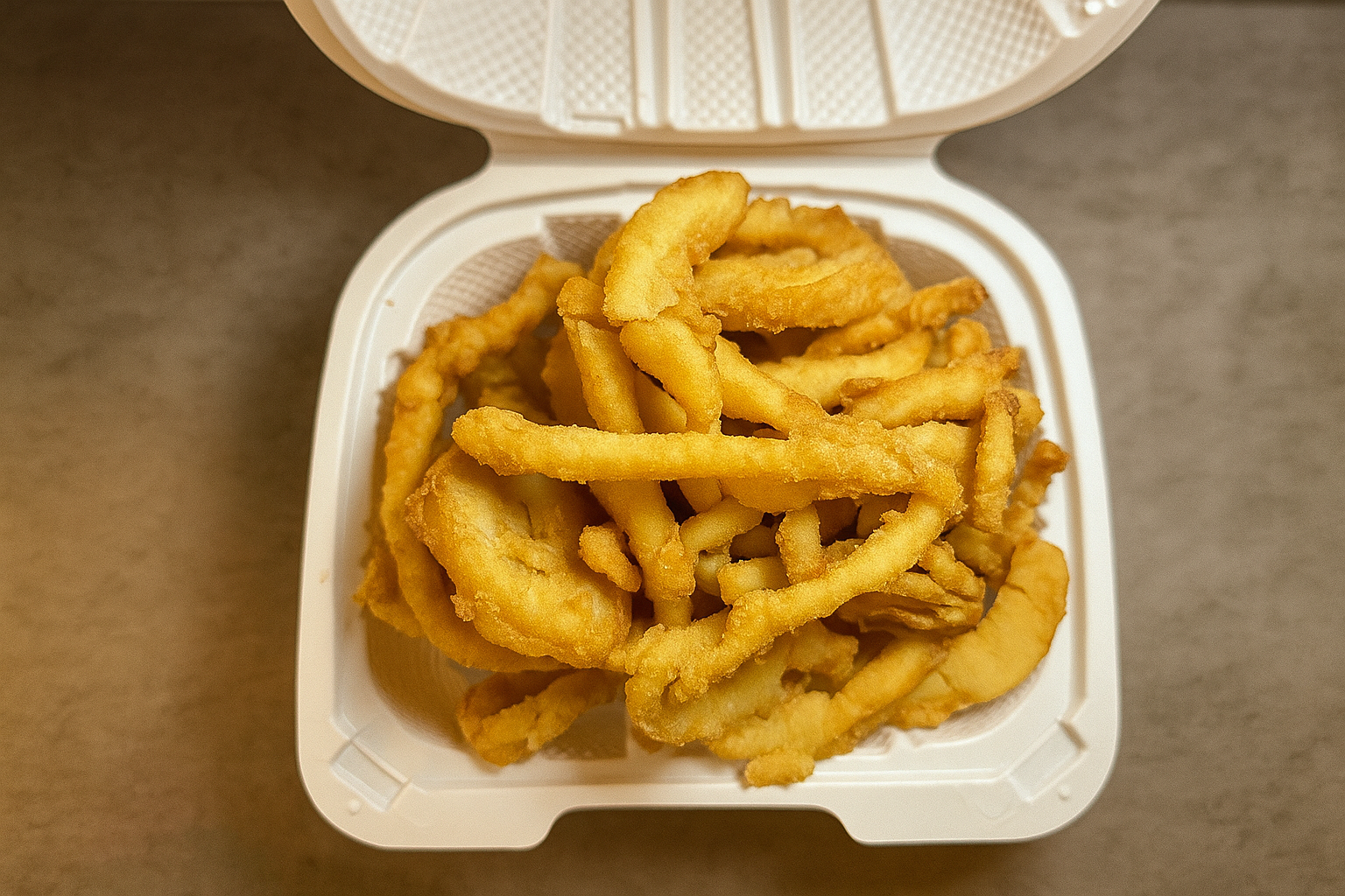 A plastic container of fried onion rings on a gray surface.
