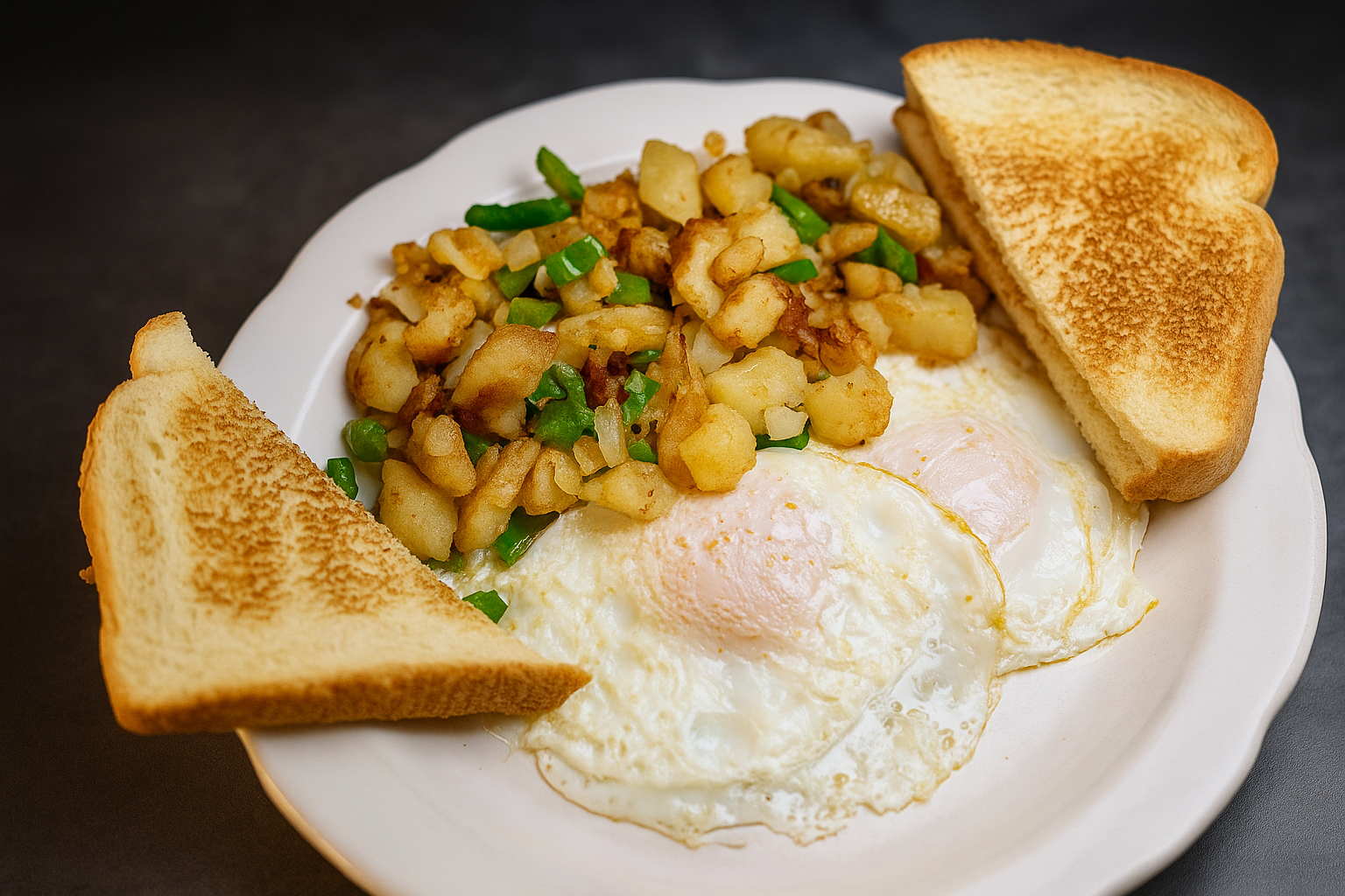 Fried eggs with toast, home fries topped with green onions, served on a white plate.