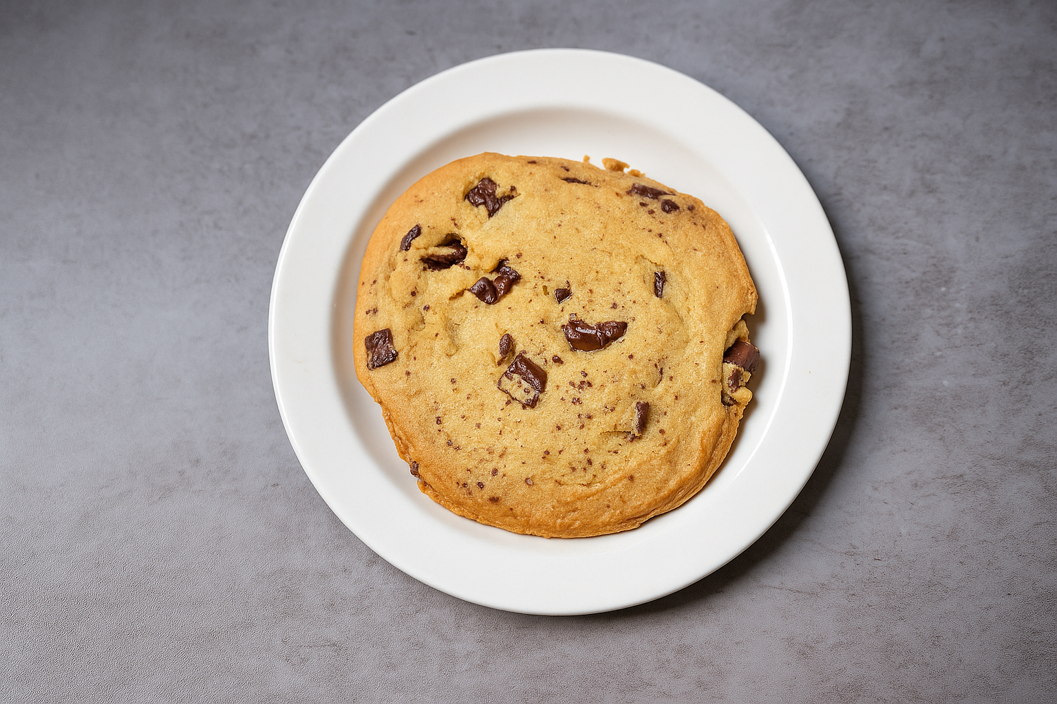 Chocolate chip cookie on a white plate against a gray background.
