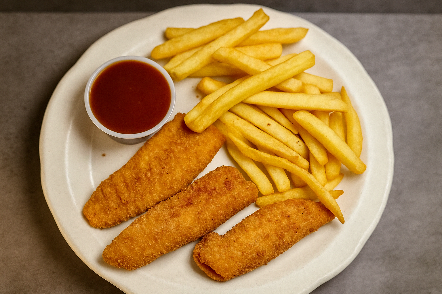 Plate with three breaded chicken tenders, French fries, a small cup of ketchup, and a gray placemat underneath