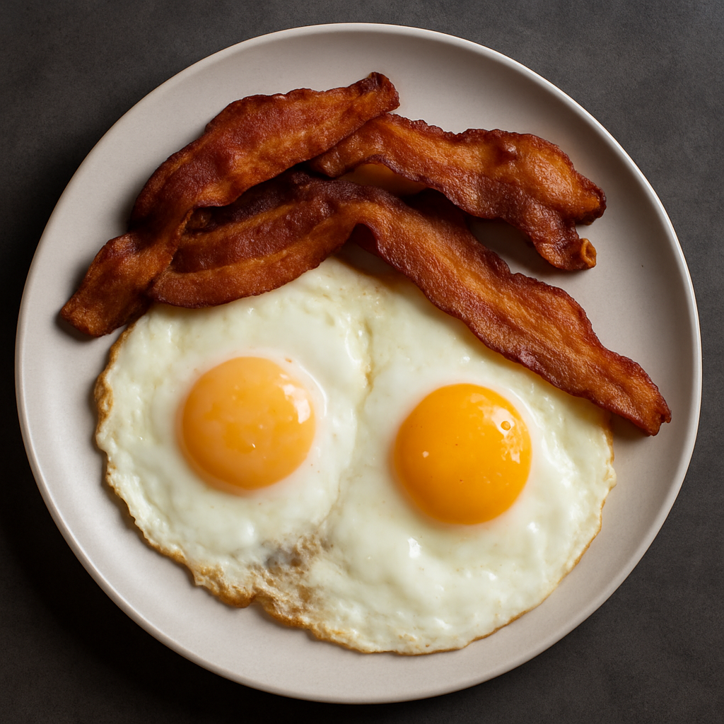 A plate with two sunny-side-up eggs and three strips of crispy bacon.
