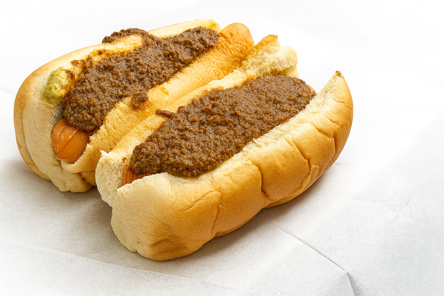 Hot dog with beef chili in a bun.