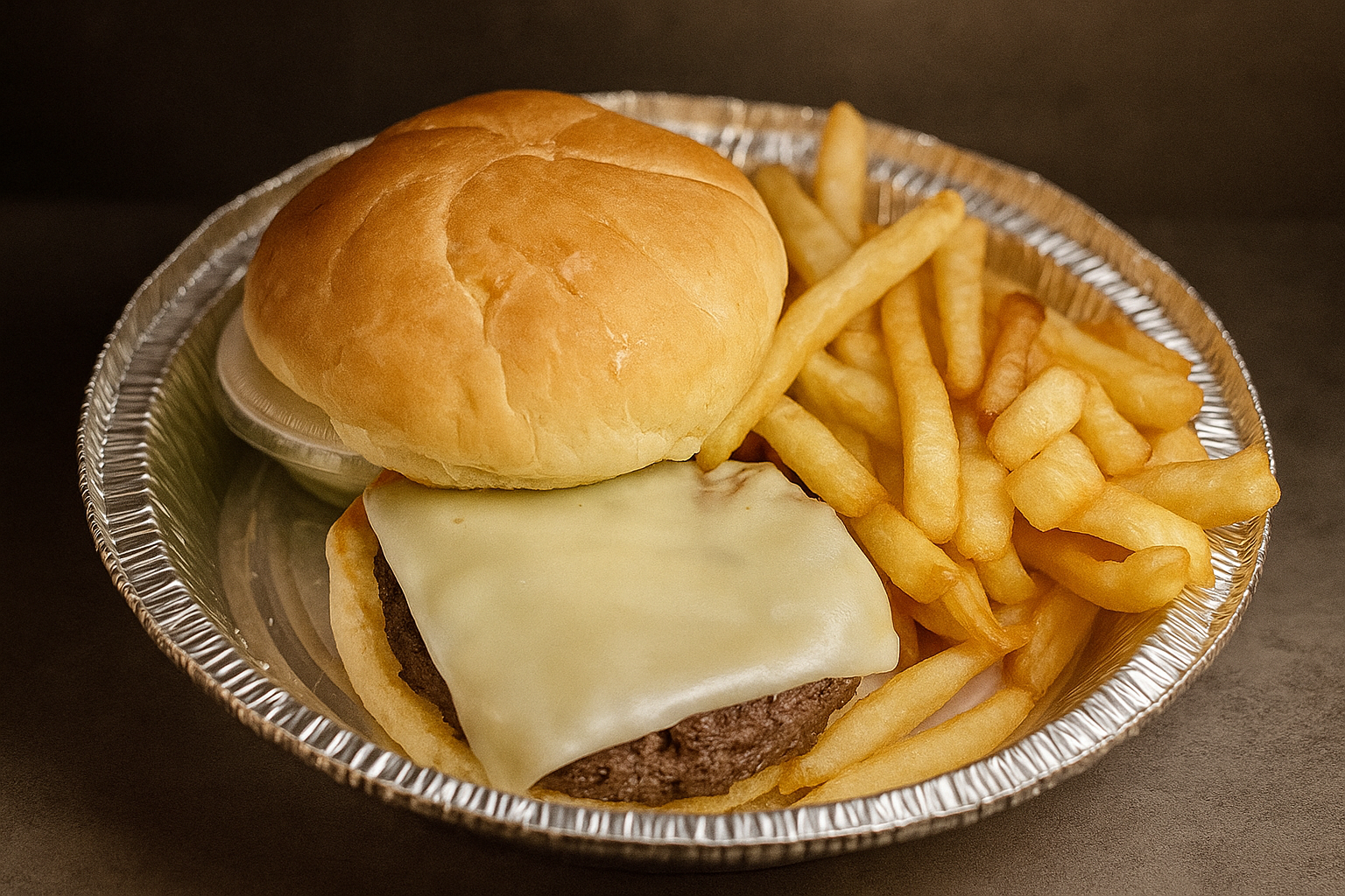 A meal in aluminum tray with a cheeseburger with a bun, cheese, and beef patty, French fries, and a small container of ketchup.