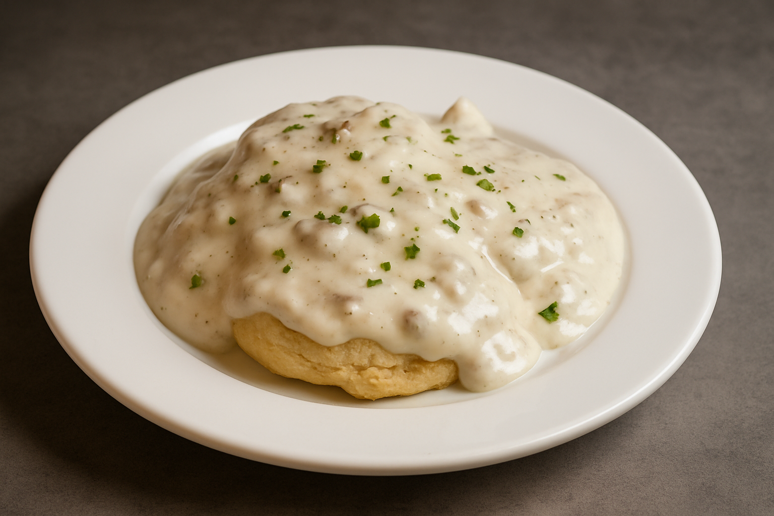 Biscuits with creamy chicken gravy topped with chopped parsley on a white plate.