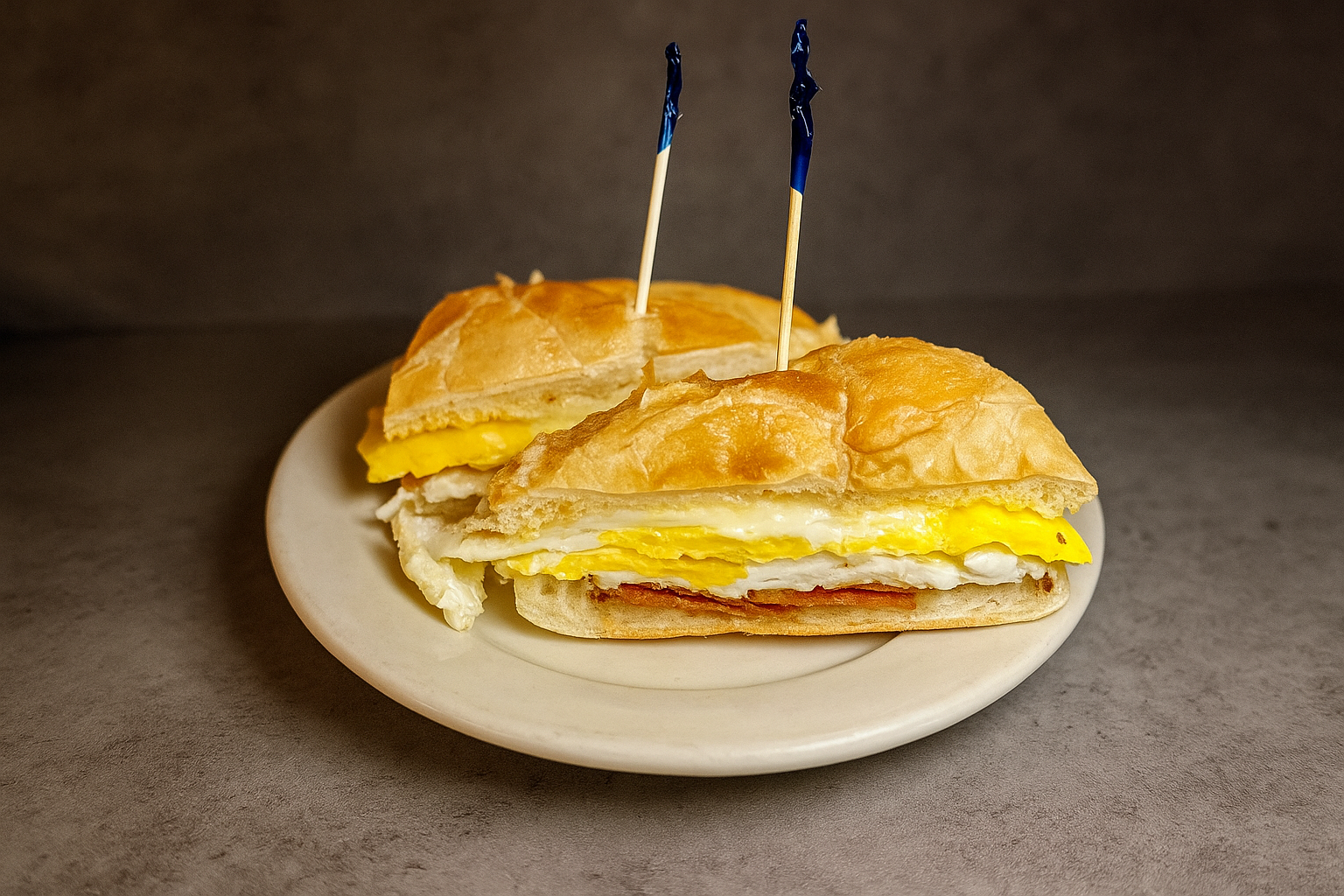Egg and cheese breakfast sandwich on a bun served on a white plate.
