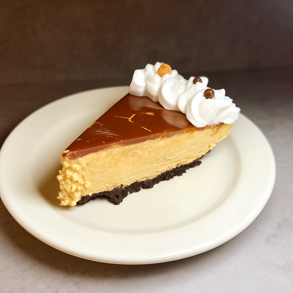 A slice of cheesecake with a chocolate crust, topped with whipped cream and small chocolate and caramel-colored sprinkles.