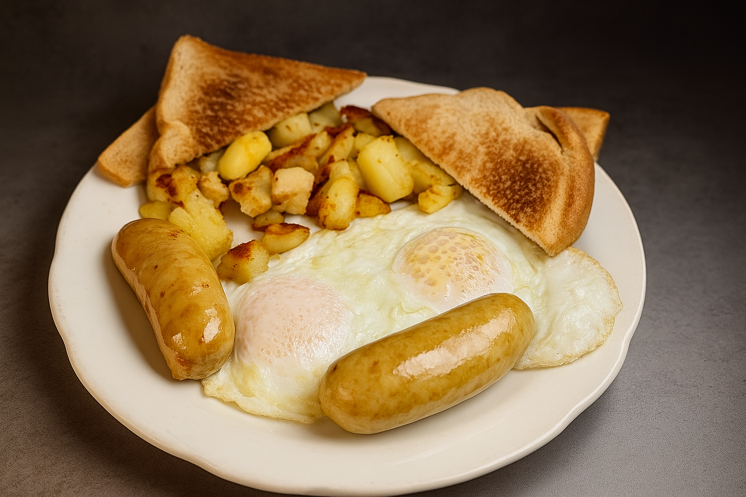A breakfast plate with fried eggs, two sausages, hash browns, toast, and a toasted bread roll.