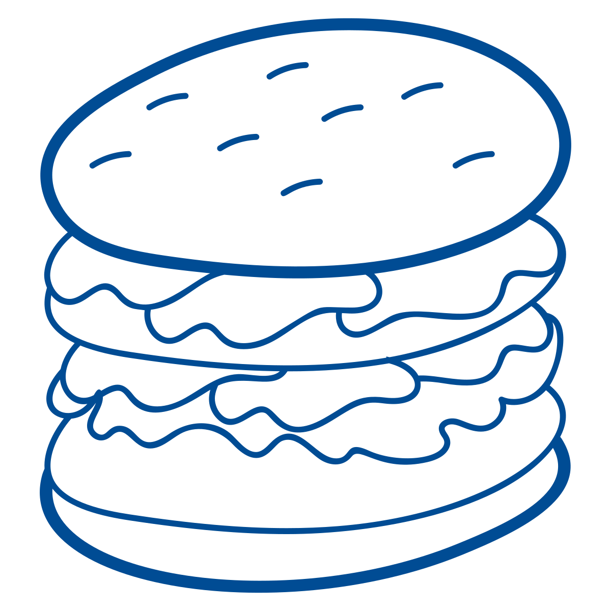 Line drawing of a hamburger with a bun top, lettuce, two beef patties, cheese, and a bun bottom.