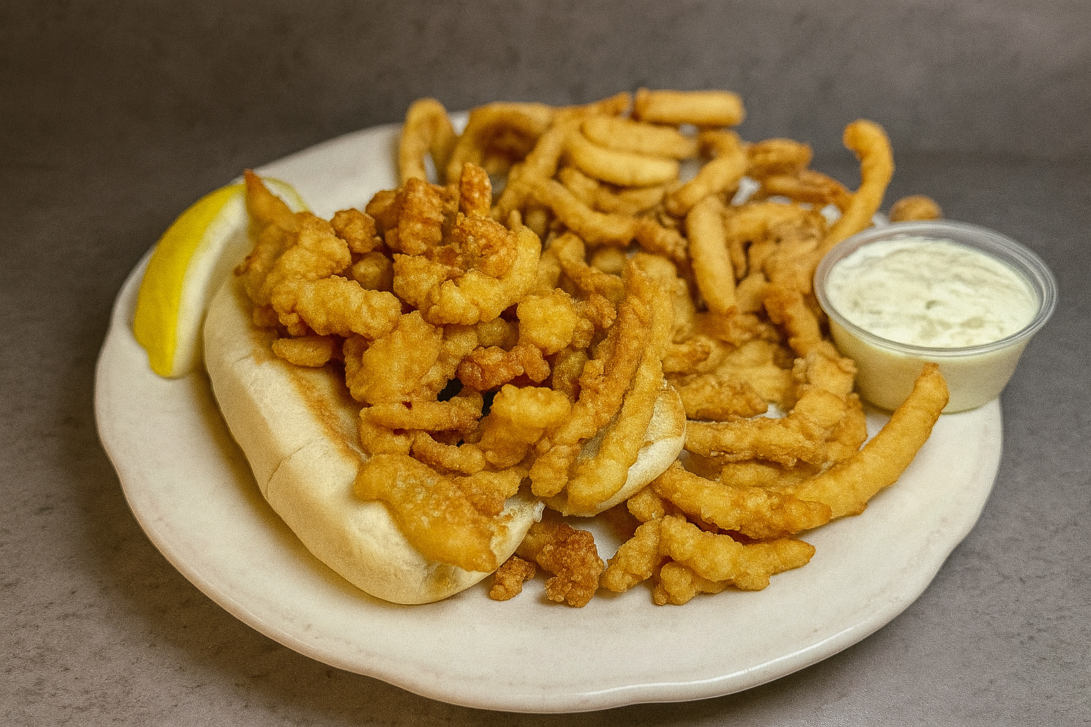 Fried clam strips with curly fries and tartar sauce on a white plate