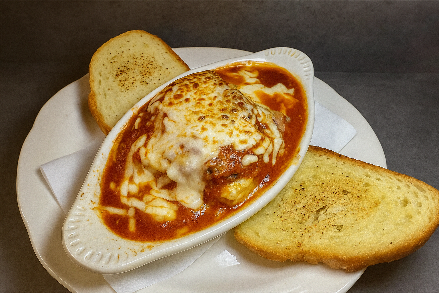 A plate of chicken Parmesan baked with melted cheese and tomato sauce, served with two slices of toasted garlic bread.
