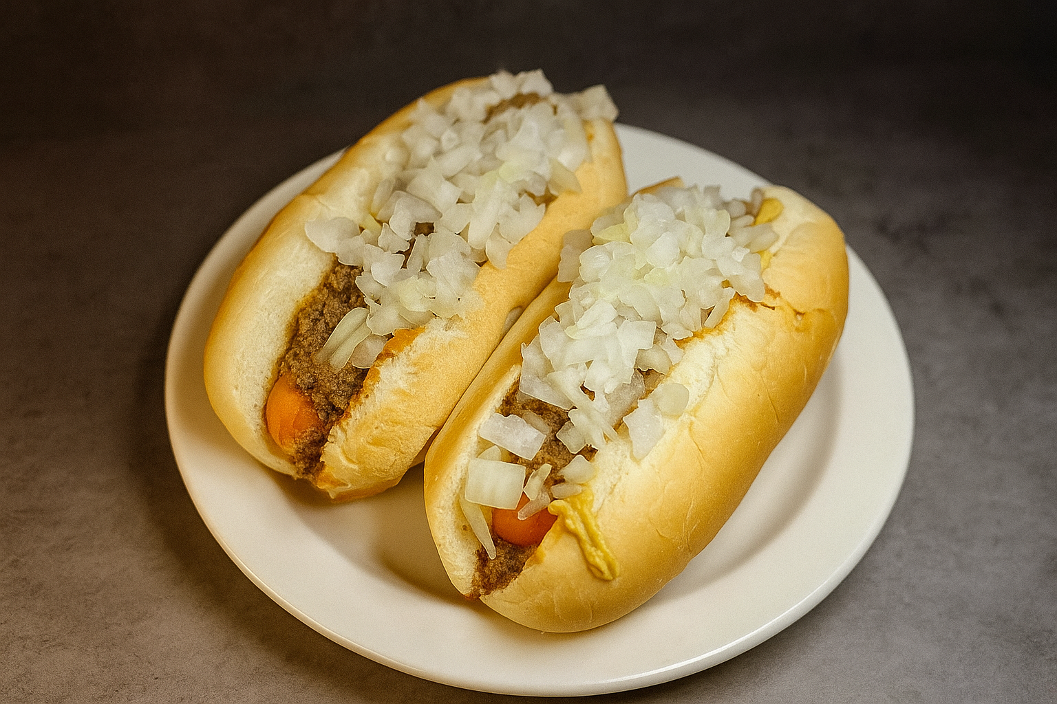 Two hot dogs topped with chopped onions served on a white plate.