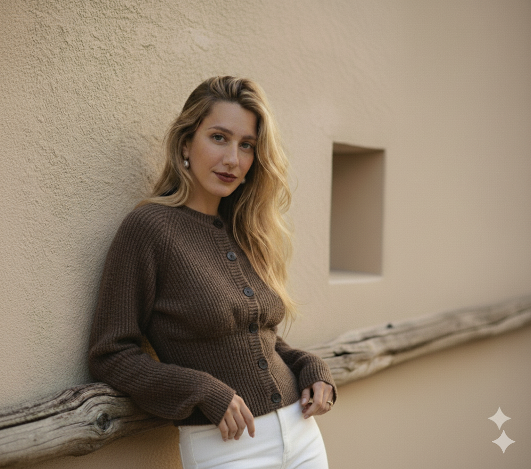 A woman standing outdoors leaning against a textured beige wall with a small square window in the background, wearing a brown cardigan and white pants.