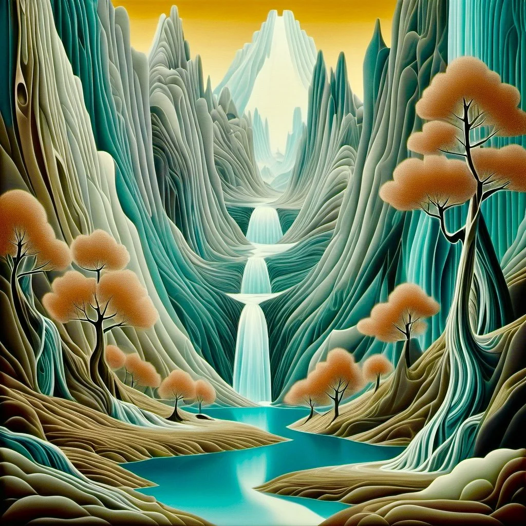 A digital painting of a stylized landscape with mountains, waterfalls, a river, and orange trees in a fantasy style.