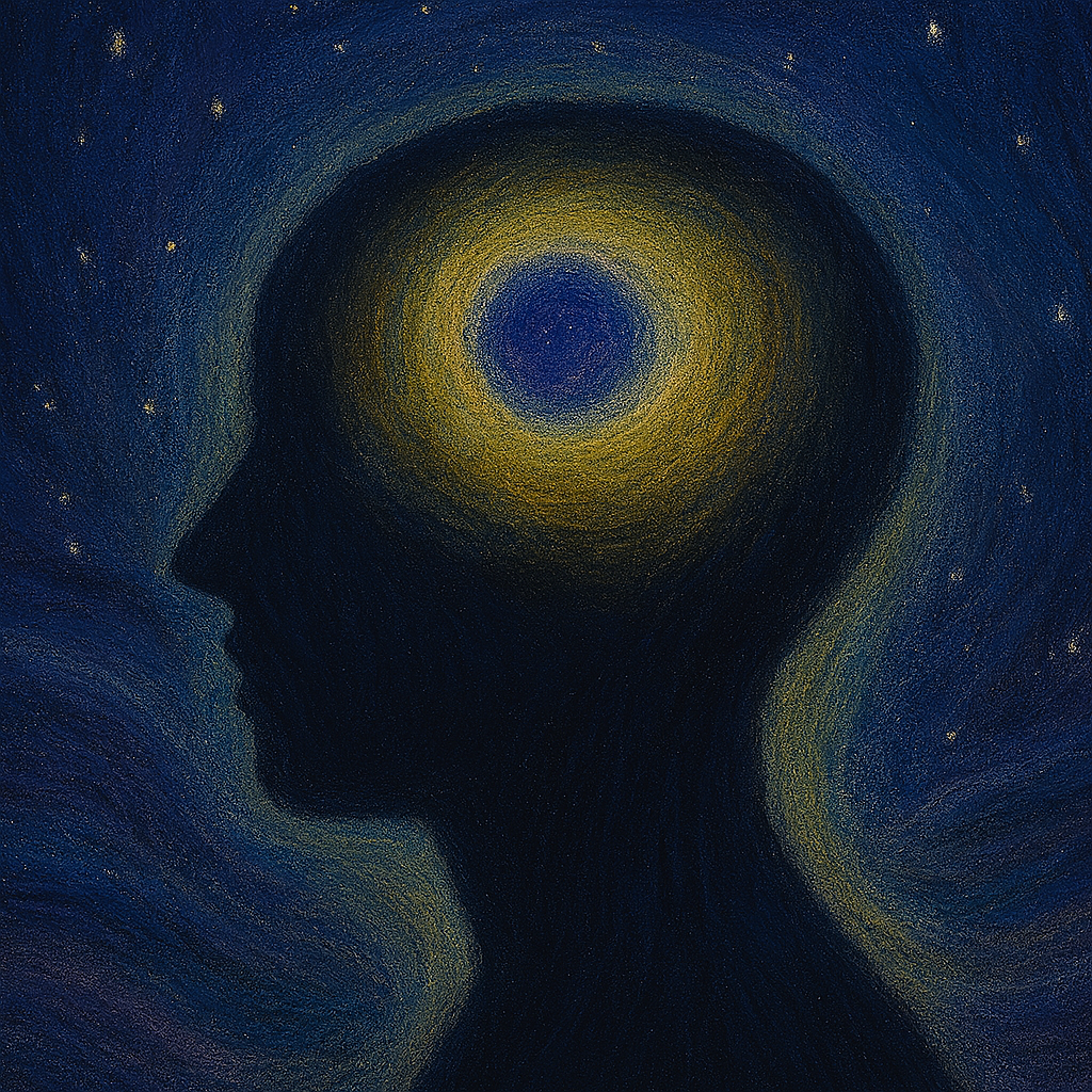 Silhouette of a person's profile against a starry night sky with a glowing, colorful halo around the head.