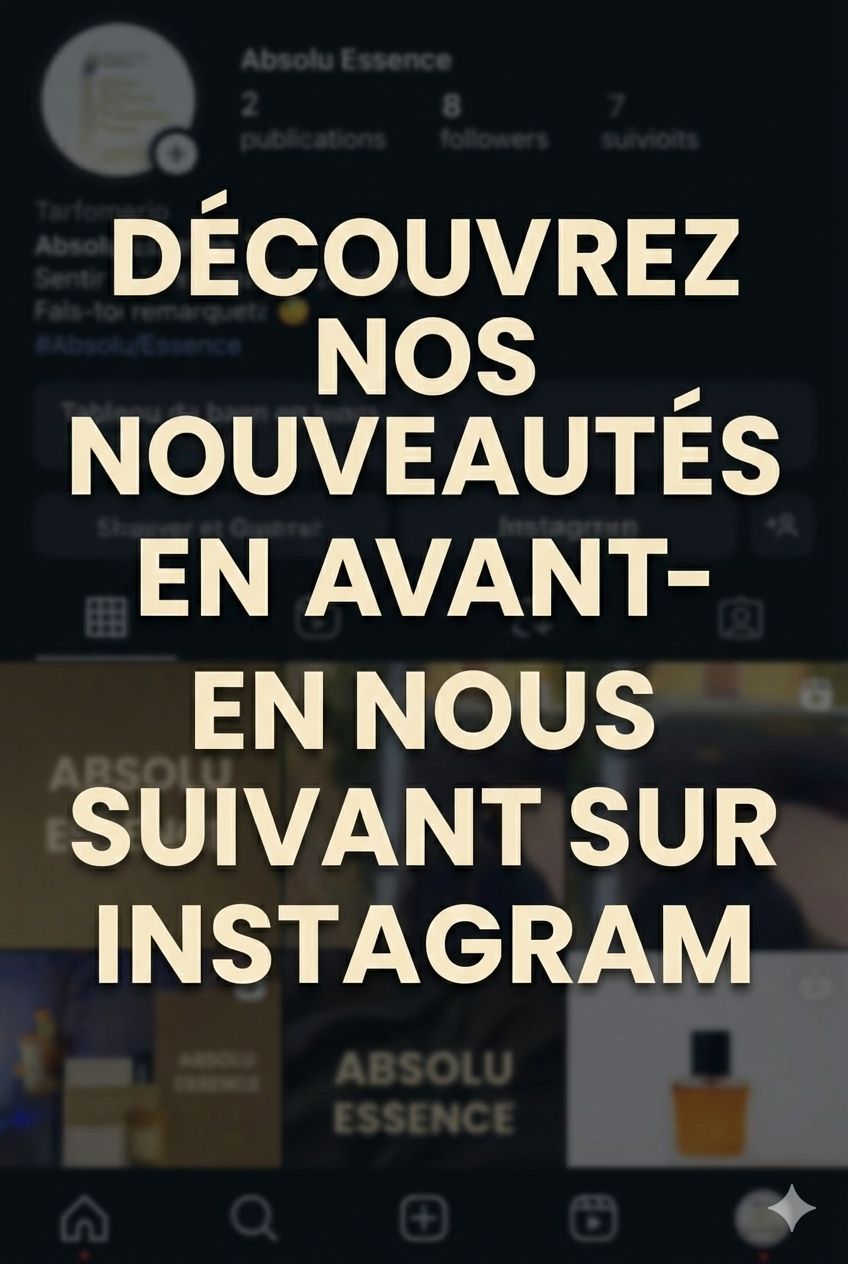 Image d'une capture d'écran de profil Instagram avec le texte en français, disant 'Découvrez nos nouveautés en avant-première sur Instagram'.